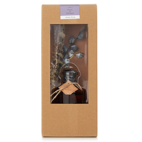 Elegant white musk diffuser with floral scents; 200ml, promotes tranquility and enhances home decor. Ideal for gifting.