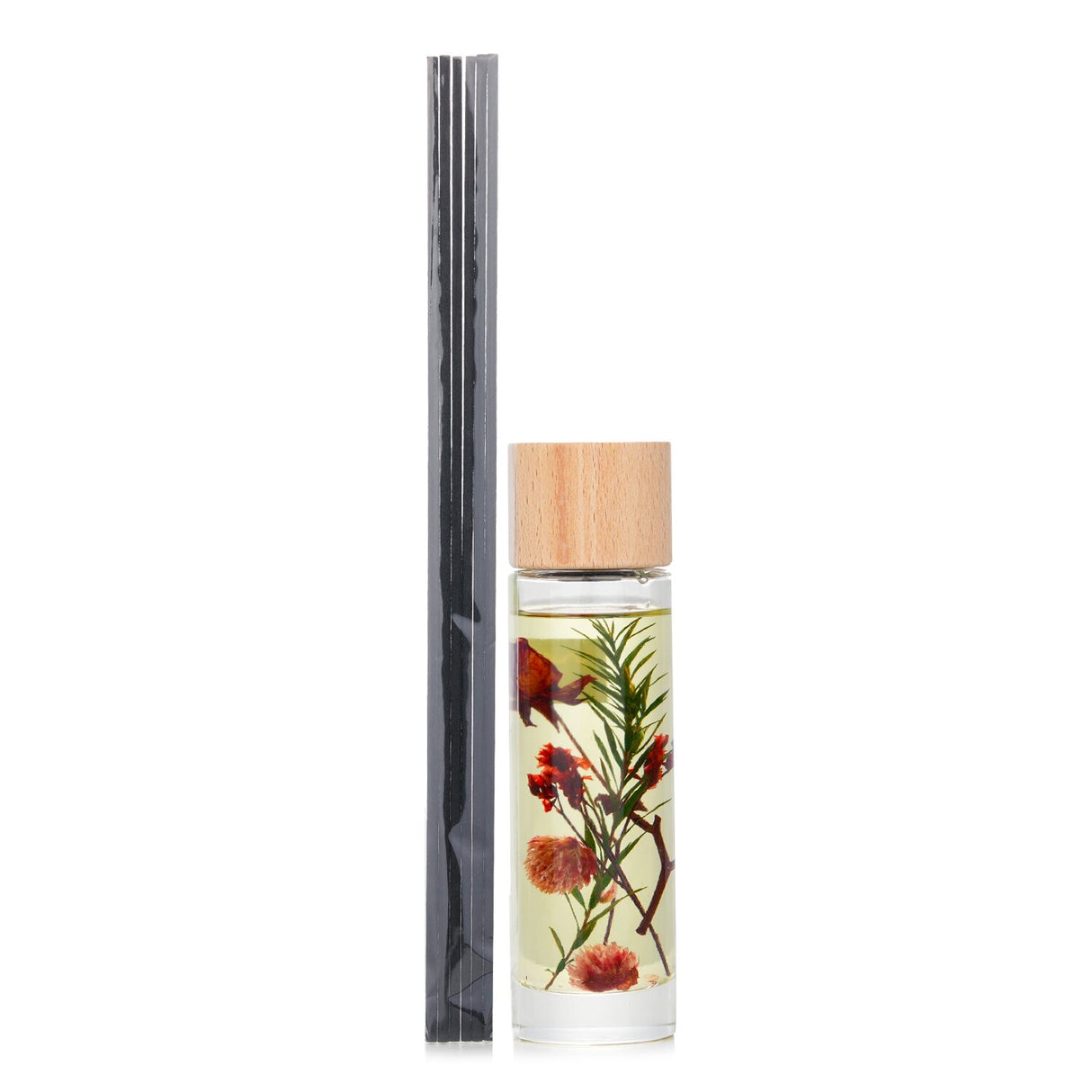 Botanica Wood Mist Reed Diffuser in Rose, 110ml, showcasing natural plants in a clear bottle with a wooden lid for elegance.