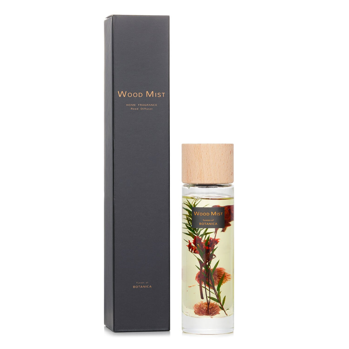 Botanica Wood Mist Reed Diffuser with Rose scent in a clear bottle and wooden lid, adds elegance to any room.