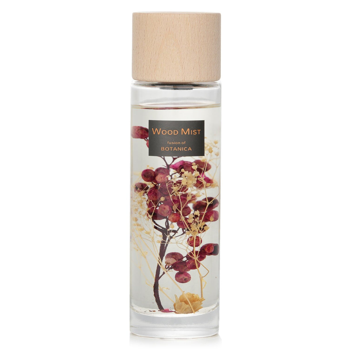 Botanica red berry reed diffuser in a transparent bottle with wooden lid, featuring vibrant floral and fruity scents.