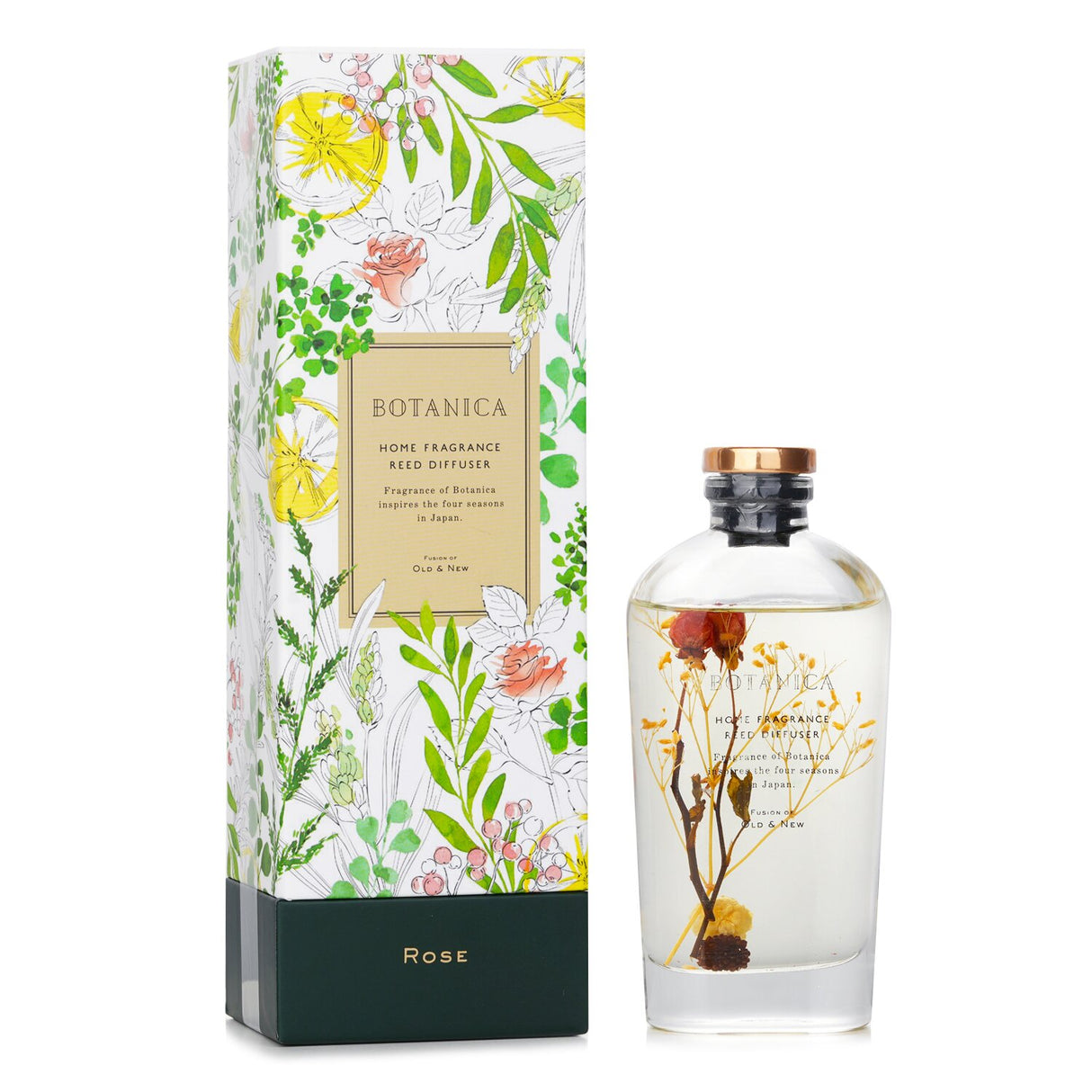 Elegant round bottle reed diffuser with rose scent and botanical accents, packaged beautifully for gifting.