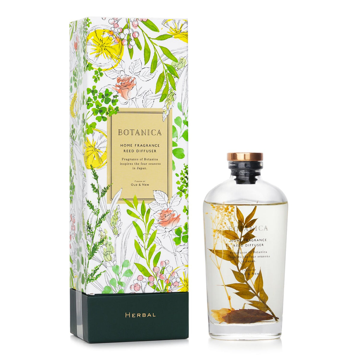Elegant herbal reed diffuser in a transparent bottle, featuring natural botanicals for a calming home fragrance experience.