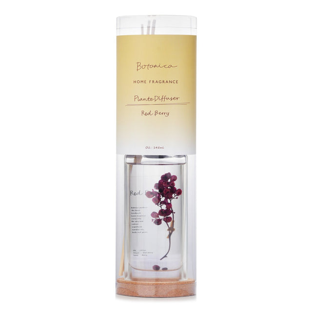 Home fragrance diffuser in red berry, featuring essential oils for a soothing scent; handcrafted, 145ml, stylish design.