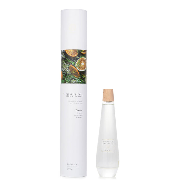 Botanica Citrus Reed Diffuser in an elegant pyramid bottle, blending uplifting citrus scents for a refreshing home ambiance.