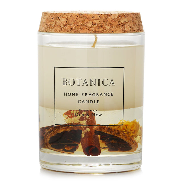 Home fragrance candle in a glass container with wooden lid, infused with citrus and spice notes for a refreshing aroma.