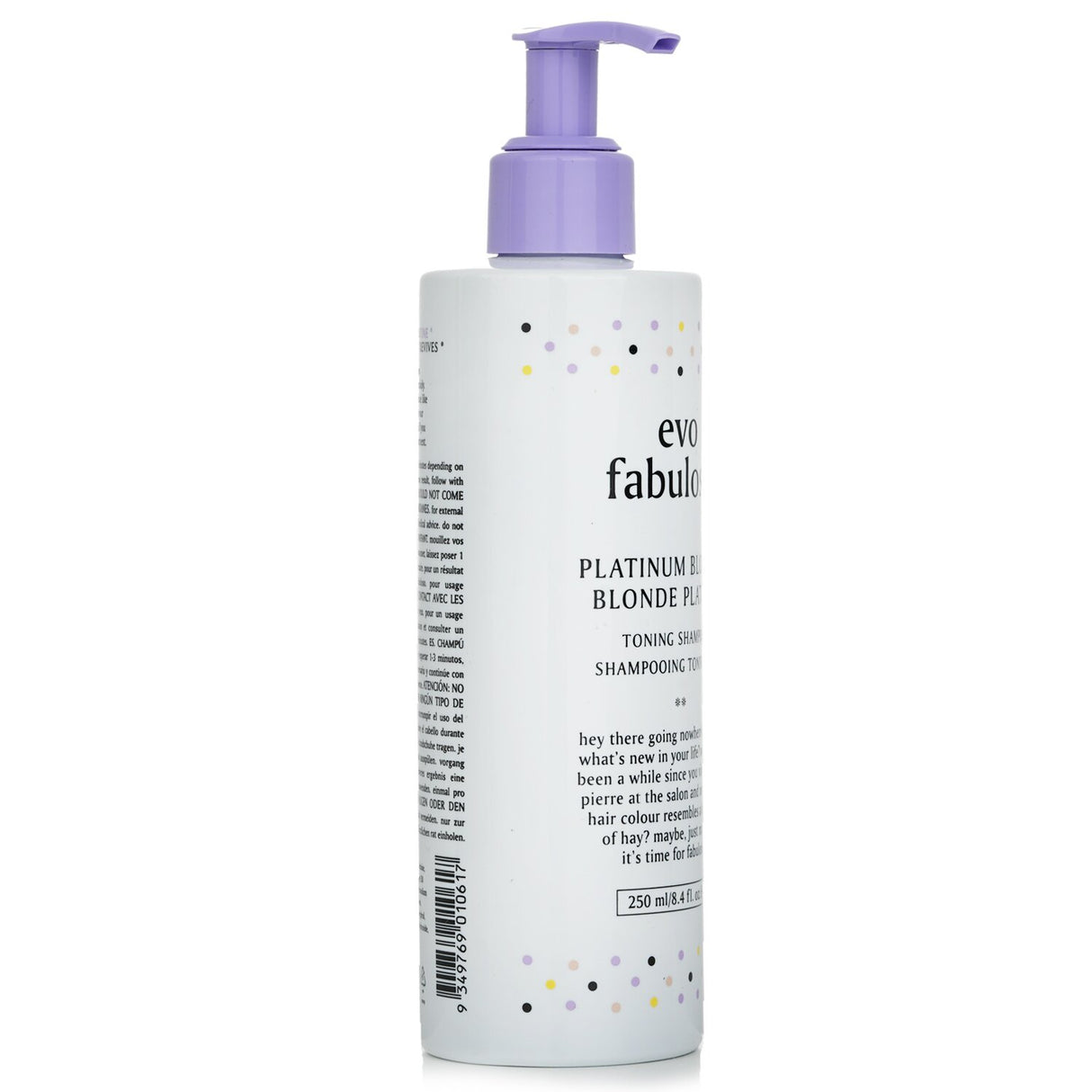 Evo Fabuloso Toning Shampoo for Platinum Blonde, 250ml, revitalizes and neutralizes brassy tones in color-treated hair.