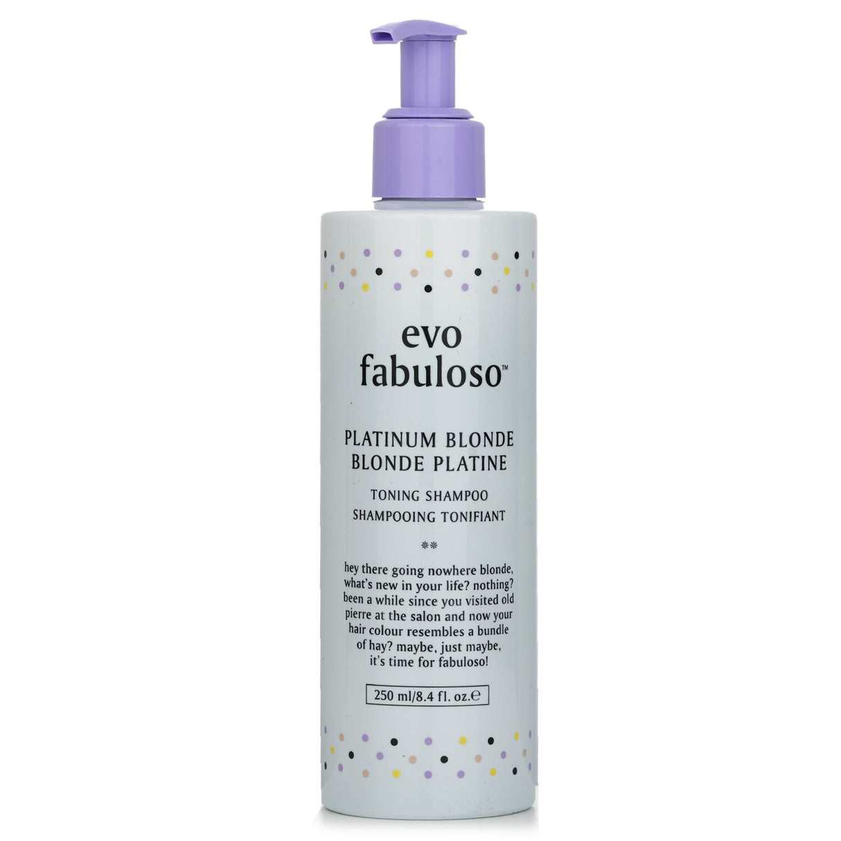 Evo Fabuloso Toning Shampoo #Platinum Blonde, 250ml: purple shampoo for cleansing, neutralizing brassiness, and vibrant color care.