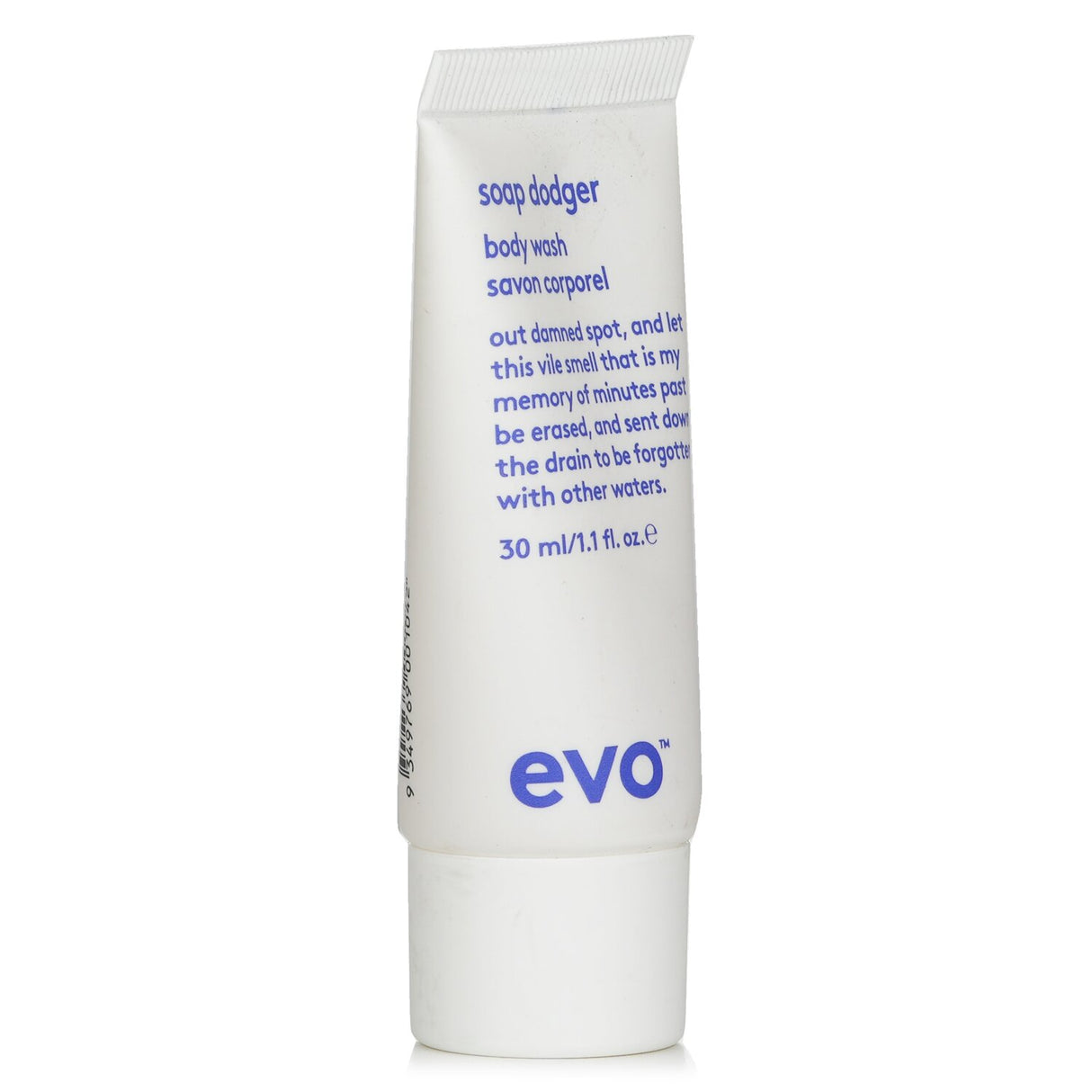 Evo Soap Dodger Body Wash in 30ml, a vegan, cruelty-free wash that cleanses and hydrates, leaving skin soft and lightly scented.