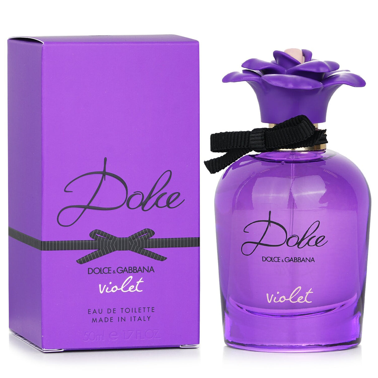 Elegant curved violet bottle of Dolce & Gabbana Dolce Violet Eau de Toilette, featuring a flower cap and black ribbon.