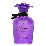 Dolce Violet Eau de Toilette in an elegant violet bottle with a flower cap, exuding floral fruity scents for joyful women.