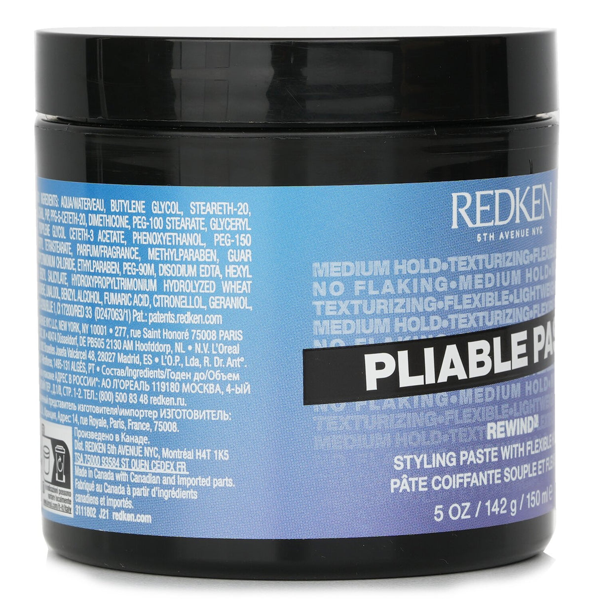 Redken Pliable Paste in a 150ml tub, providing flexible hold for versatile hairstyles without flaking or weight.