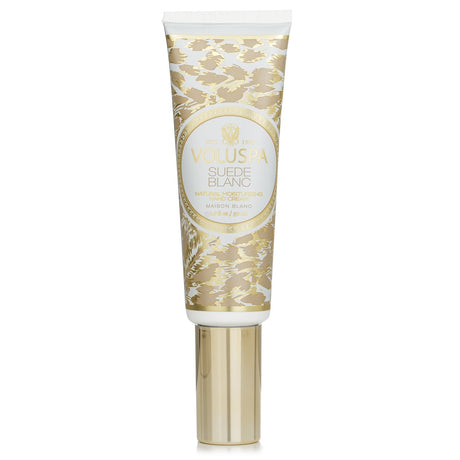 Luxurious Voluspa Suede Blanc Hand Cream with notes of Buttery Sueded Leather, Amber, and Cedar for soft, hydrated hands.