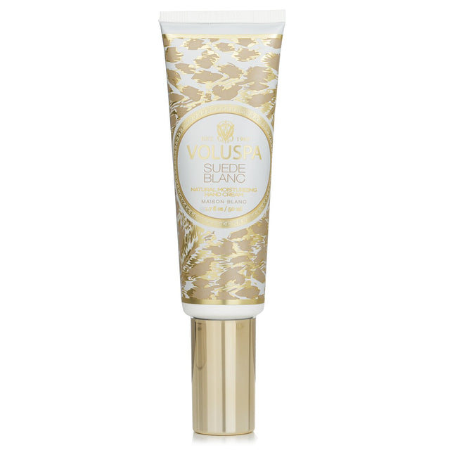 Luxurious Voluspa Suede Blanc Hand Cream with notes of Buttery Sueded Leather, Amber, and Cedar for soft, hydrated hands.