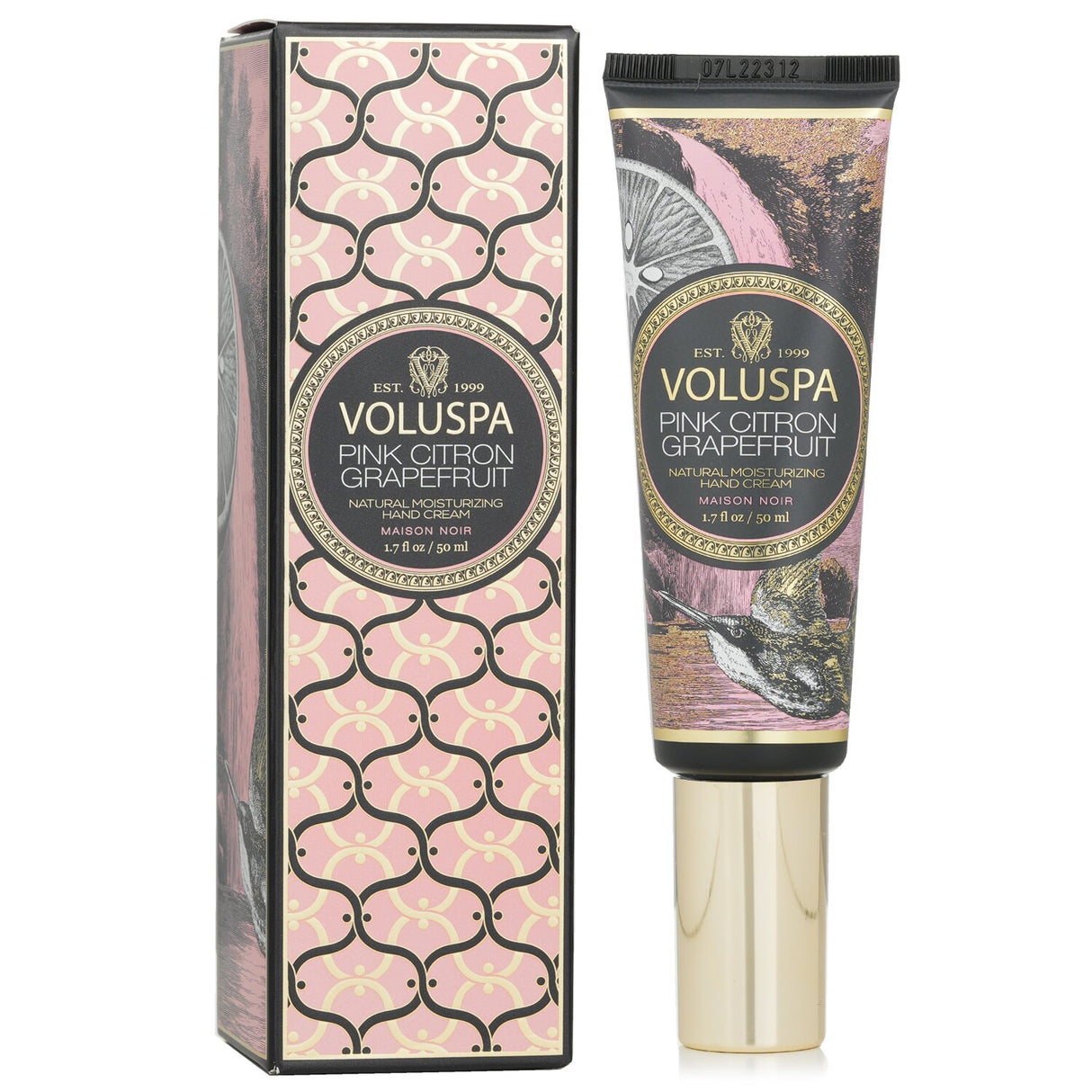 Voluspa Pink Citron Grapefruit Hand Cream in a 50ml tube, featuring nourishing oils and a refreshing grapefruit fragrance.