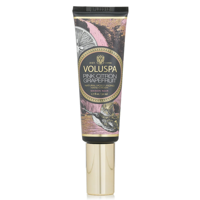 Voluspa Pink Citron Grapefruit Hand Cream, 50ml, enriched with avocado oil and shea butter, offers luxurious hydration and a fruity scent.