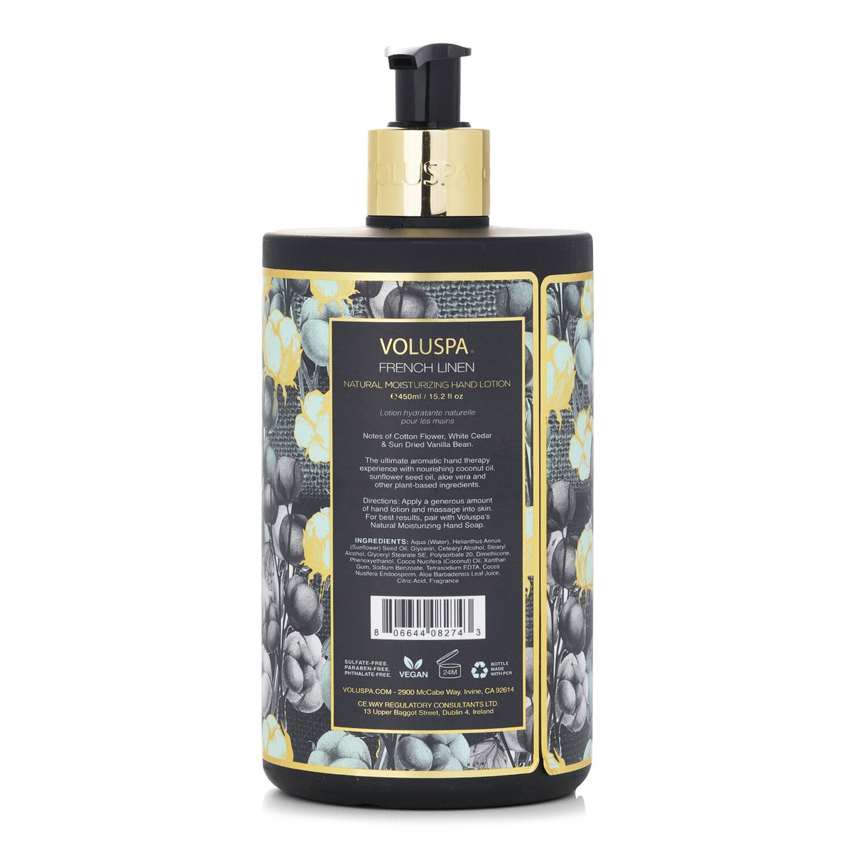 Luxurious 450ml hand lotion enriched with coconut, aloe, and a heavenly scent of cotton flower and vanilla.
