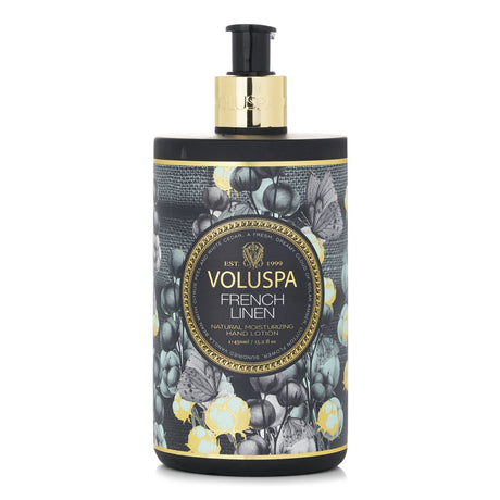 Voluspa French Linen Hand Lotion in frosted bottle, rich in Coconut Water, offers luxurious moisture and soothing scent.