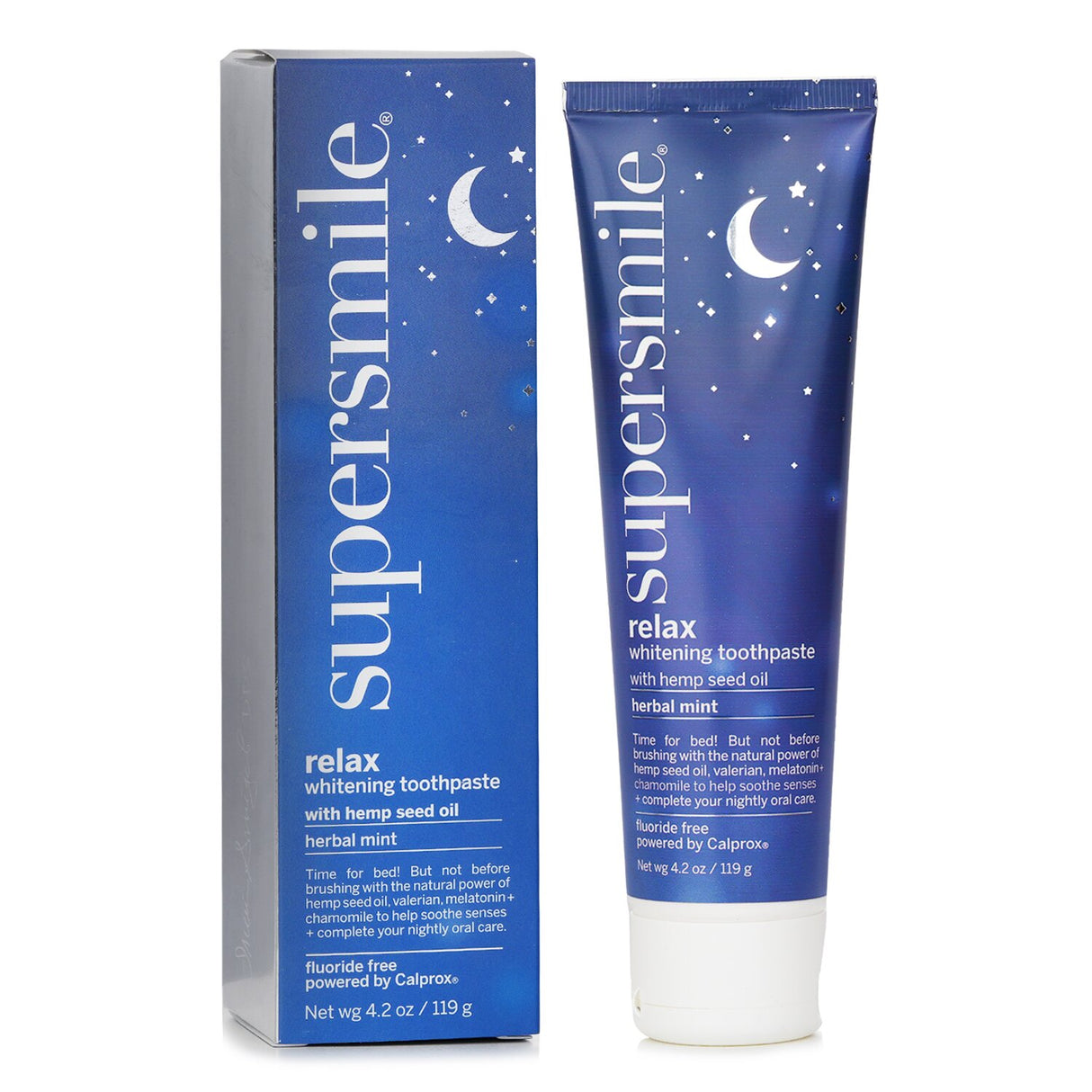 Relax Whitening Toothpaste with Hemp Seed Oil, fluoride-free, whitens teeth, soothes gums, and promotes calm for daily use.