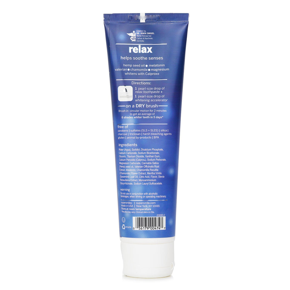 Supersmile Relax Whitening Toothpaste with Hemp Seed Oil in a 4.2oz tube, promotes whitening and relaxation for a healthier smile.