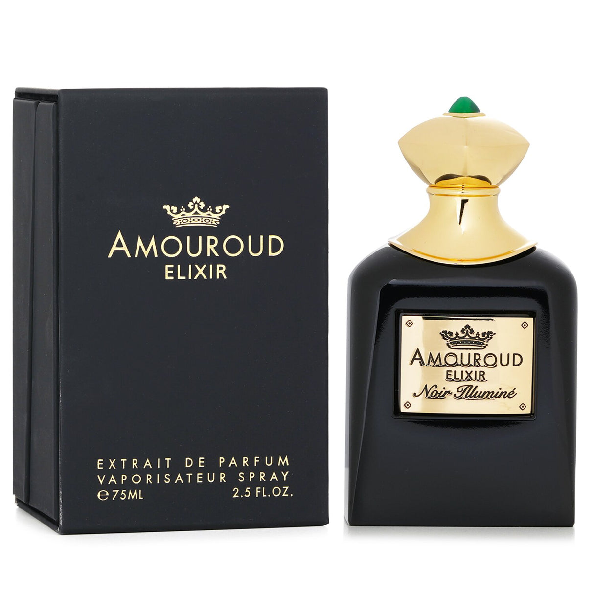 Amouroud Elixir Noir Illumine 75ml perfume, a captivating unisex woody scent with rich notes of black plum and sandalwood.