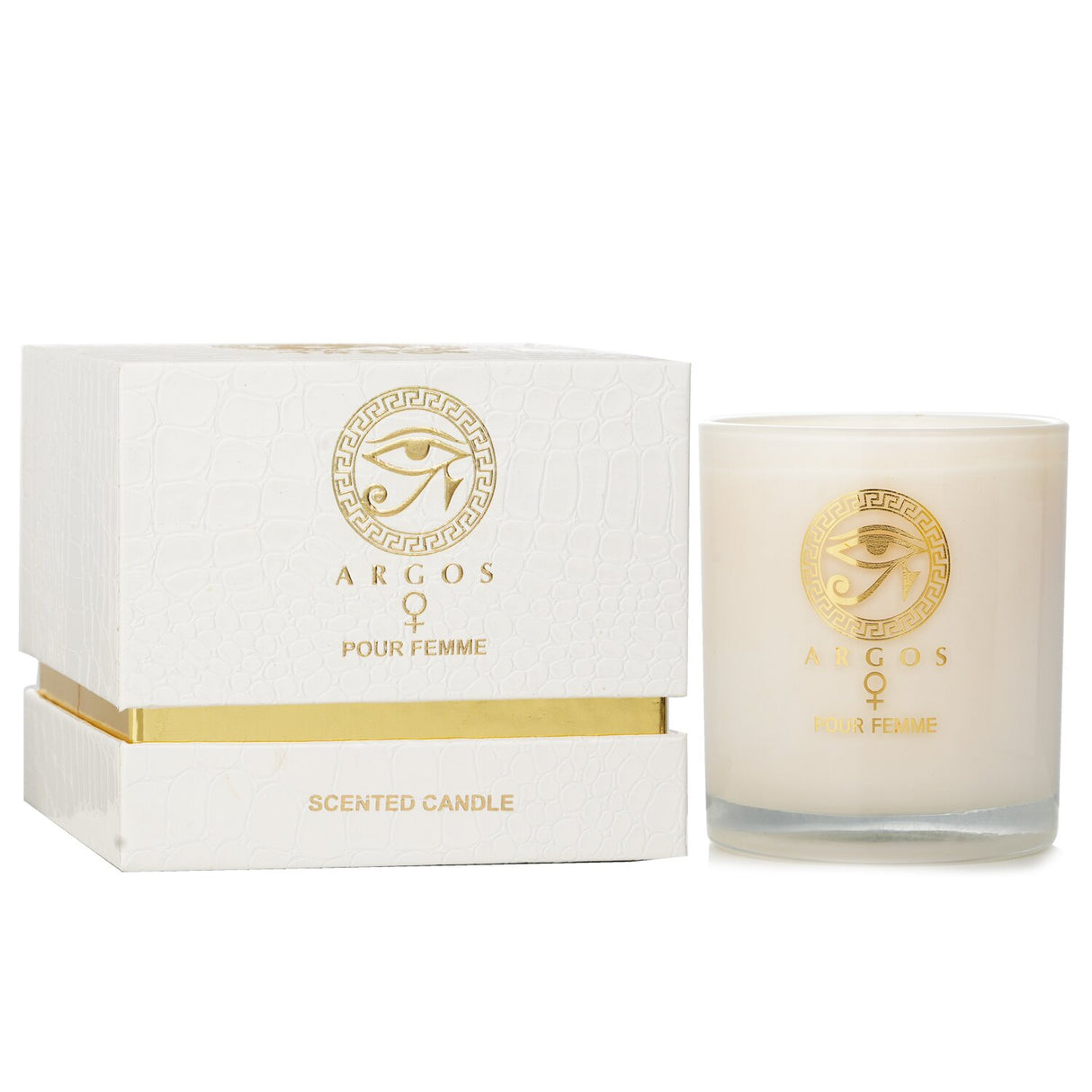 Luxurious Argos Pour Femme scented candle in white, featuring a blend of fragrant notes, vegan wax, and a stunning embossed design.