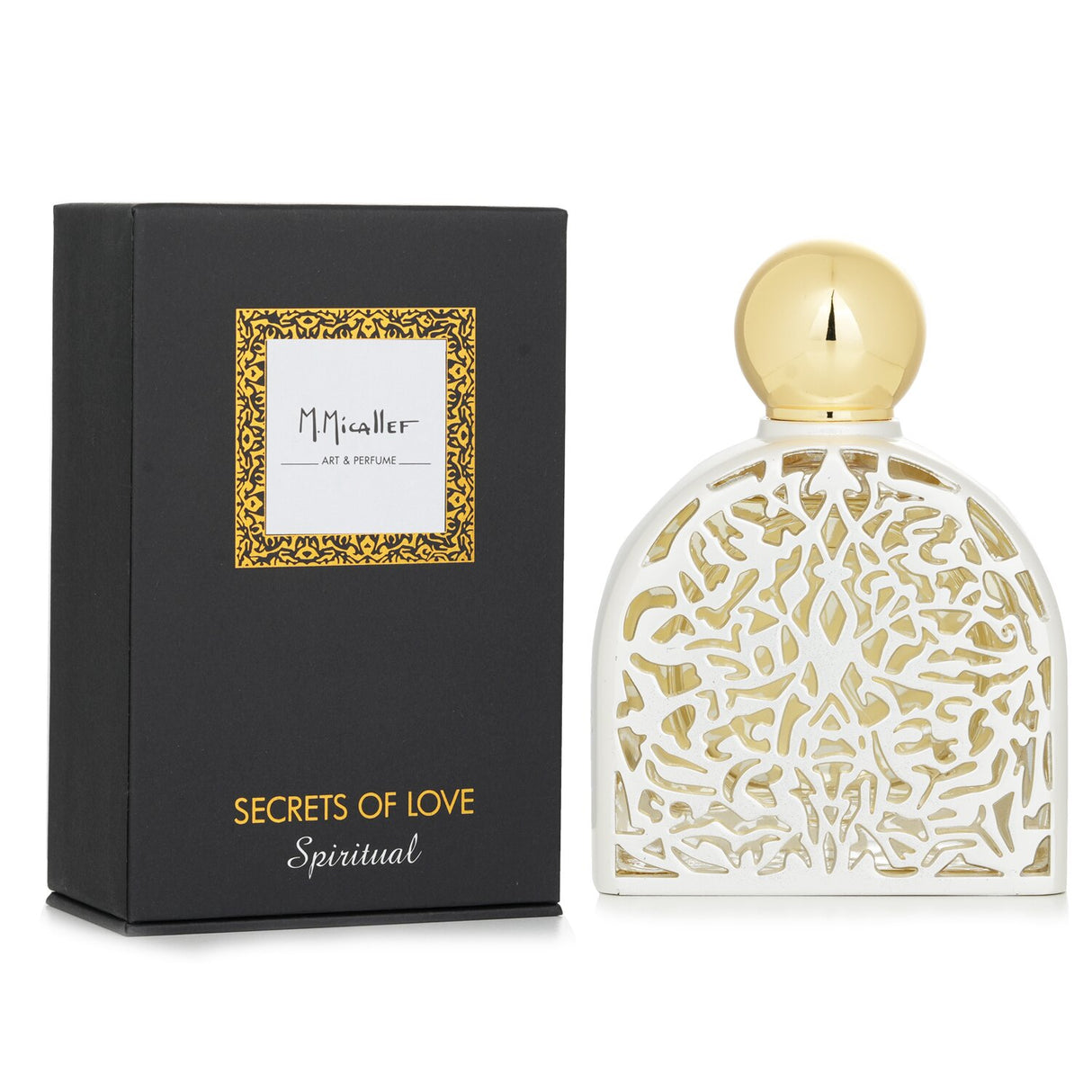 M. Micallef Secrets Of Love Spiritual Eau De Parfum in a jewelry bottle, featuring pink berries, jasmine, and ambergris notes.