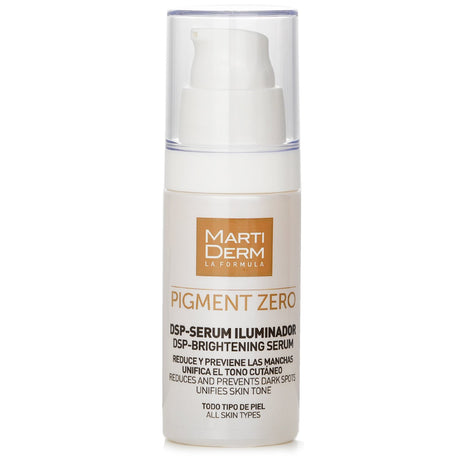 Martiderm Pigment Zero DSP-Brightening Serum in a 30ml bottle, targeting dark spots for a luminous, even skin tone.