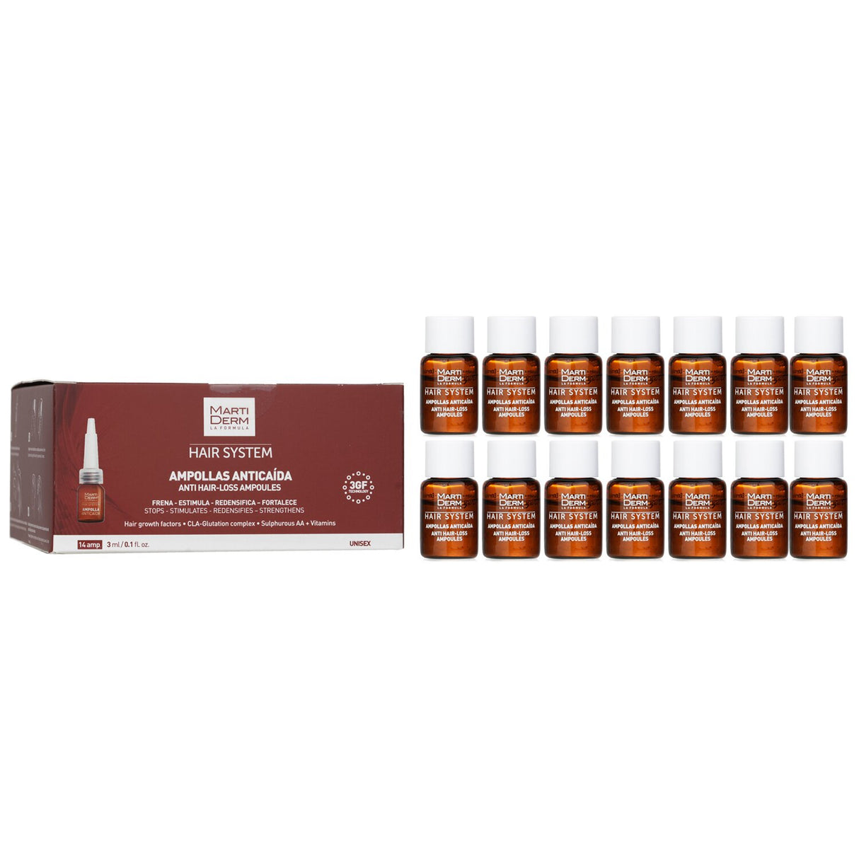 Martiderm Hair System anti-hair loss ampoules, 14x3ml, formulated with growth factors to strengthen and revitalize thinning hair.