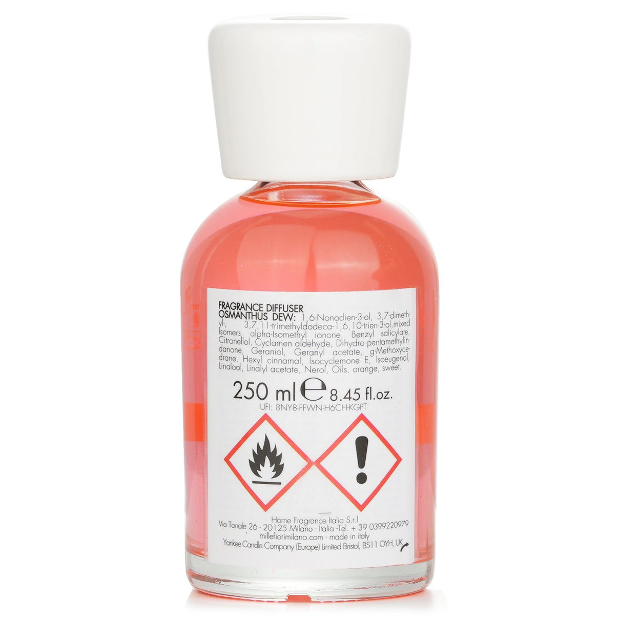 Millefiori Osmanthus Dew diffuser in 250ml glass bottle, exuding floral fragrance to enhance home ambiance.