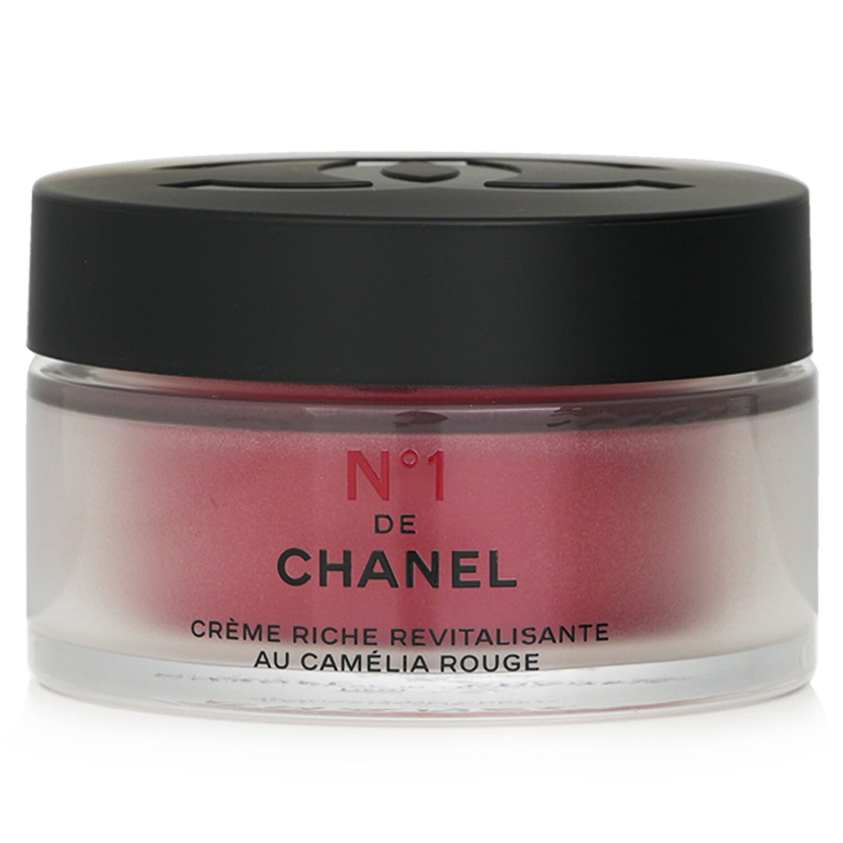 Chanel N°1 Red Camellia Rich Revitalizing Cream in a 50g jar, offering luxurious, nourishing skincare for all skin types.