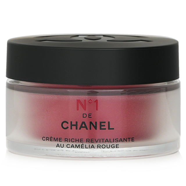 Chanel N°1 Red Camellia Rich Revitalizing Cream in a 50g jar, offering luxurious, nourishing skincare for all skin types.