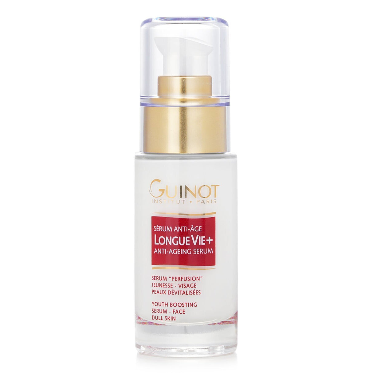 Guinot Longue Vie Anti-Ageing Serum, 30ml, enhances skin vitality and reduces wrinkles with 56 cellular ingredients and hyaluronic acid.