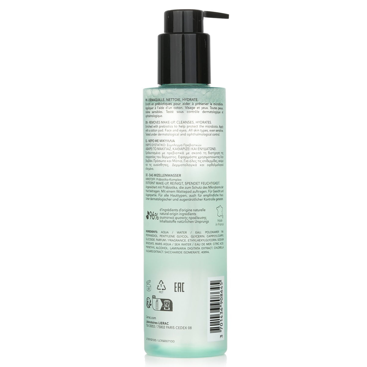 Lierac Micellar Water in a 200ml bottle, ideal for makeup removal, cleansing, and moisturizing all skin types.