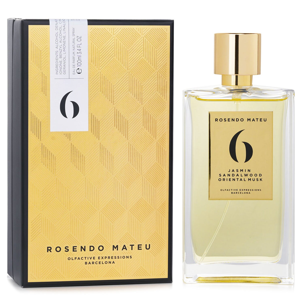 Elegant bottle of Rosendo Mateu Eau De Parfum #6 featuring jasmine, sandalwood, and oriental musk in a 100ml spray.