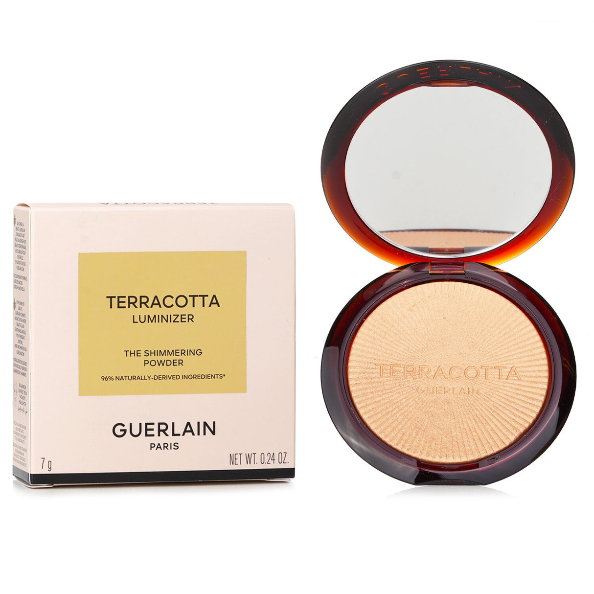 Guerlain Terracotta Luminizer #01 Warm Gold, a 7g shimmering powder for a radiant, sun-kissed glow with Argan oil nourishment.