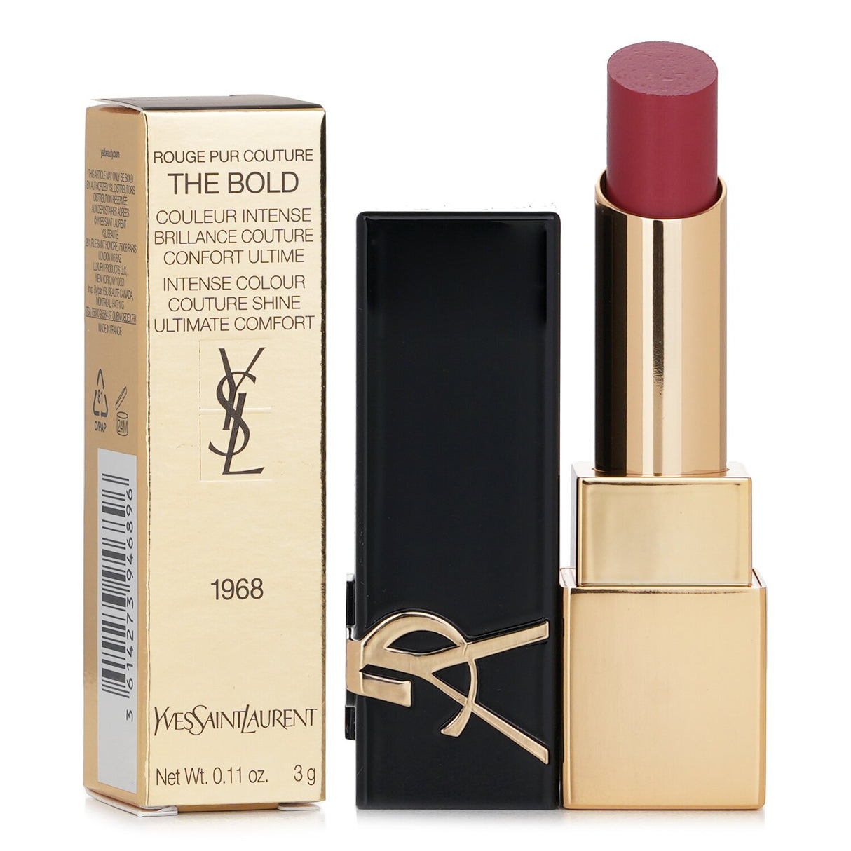 YSL Rouge Pur Couture Lipstick #1968 Nude Statement, featuring a bold nude color with a 3D shiny finish and 10-hour hydration.