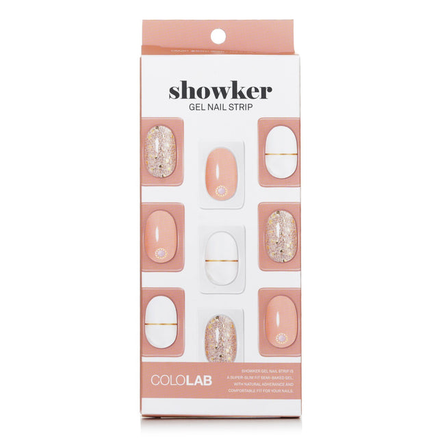 Cololab Showker Gel Nail Strip CSA201 in Gold Line Beige, offering easy application, waterproof, non-toxic, and salon-quality results.