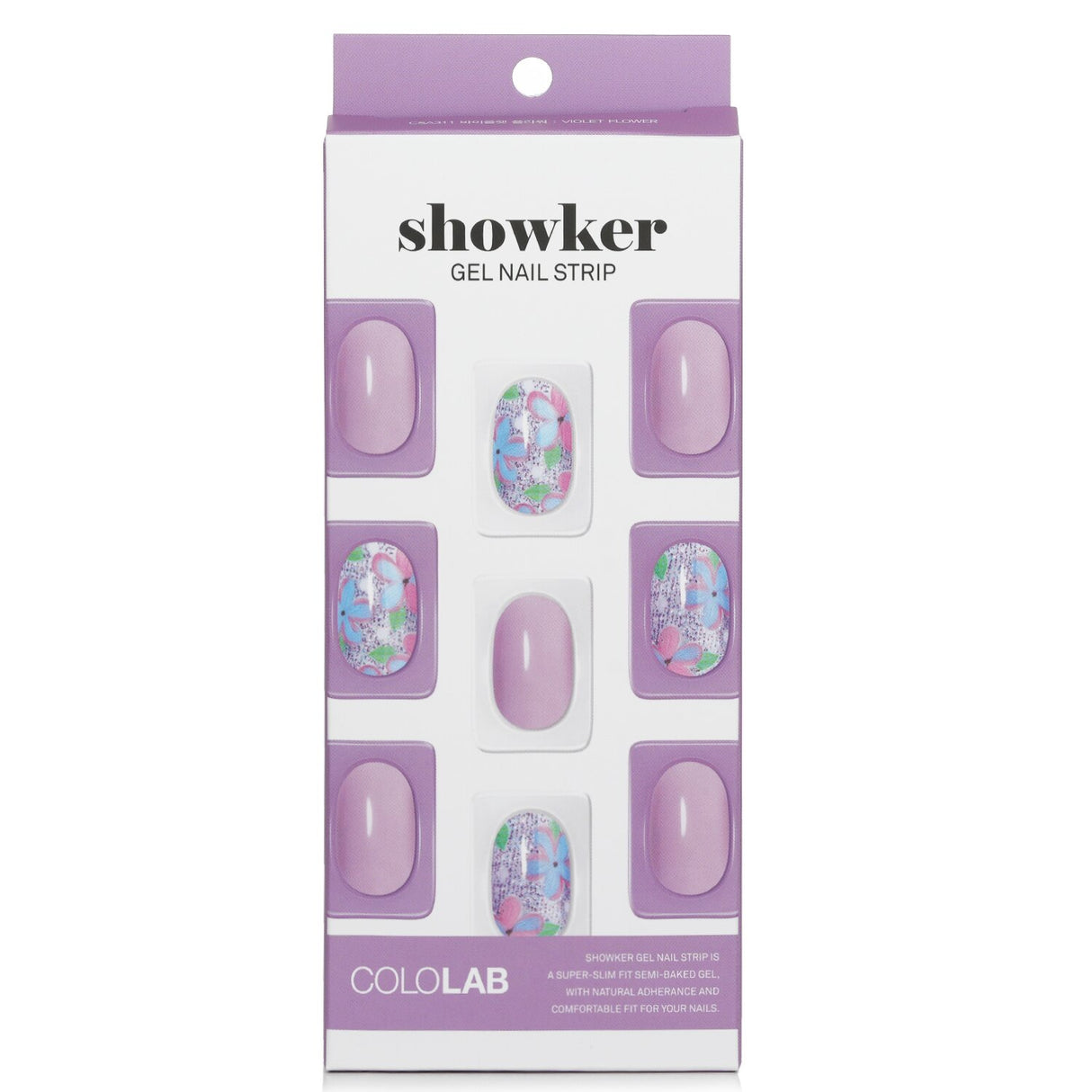 Violet flower gel nail strip by Cololab, offering easy, mess-free application for salon-quality nails at home.