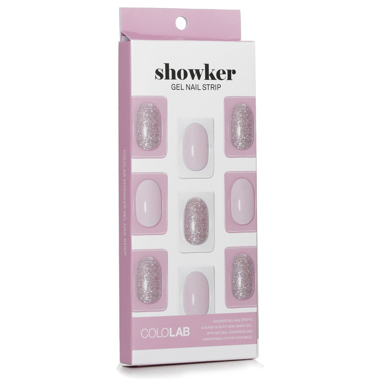 Cololab Showker Gel Nail Strip in Syrup Pink, a non-toxic, waterproof gel for easy application and salon-quality nails at home.