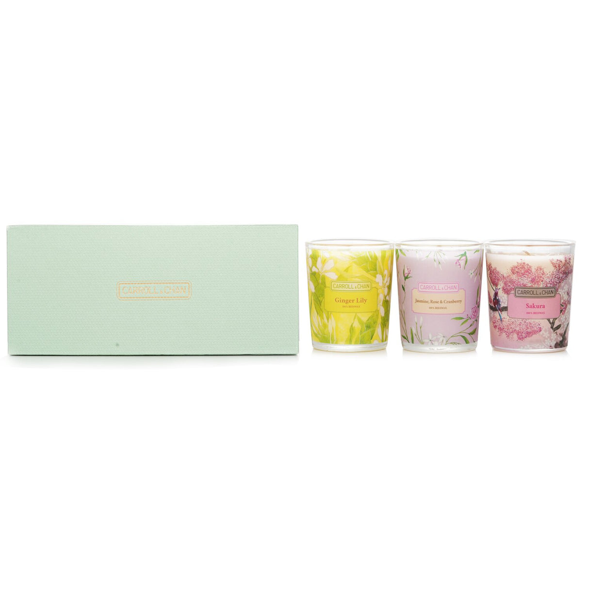 Indulge in the soothing scents of Sakura, Jasmine, and Ginger Lily with this eco-friendly, handmade beeswax votive candle set.