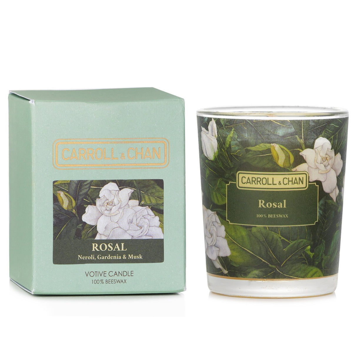 100% beeswax votive candle with neroli, gardenia, and musk scent in a recycled glass jar, ensuring a clean, long-lasting burn.