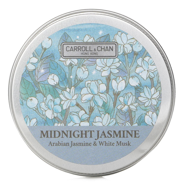 100% beeswax mini tin candle with Arabian Jasmine and white musk, featuring a wooden wick for a clean burn, eco-friendly packaging.