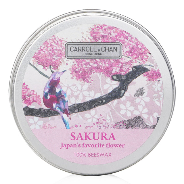 100% beeswax mini tin candle in #Sakura, featuring a wooden wick and cherry blossom scent, eco-friendly and hand-poured.