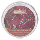 100% beeswax mini tin candle with Indian sandalwood scent, featuring a wooden wick for a clean burn and eco-friendly packaging.