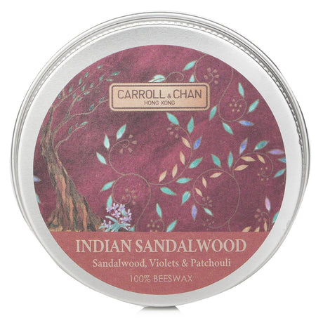 100% beeswax mini tin candle with Indian sandalwood scent, featuring a wooden wick for a clean burn and eco-friendly packaging.