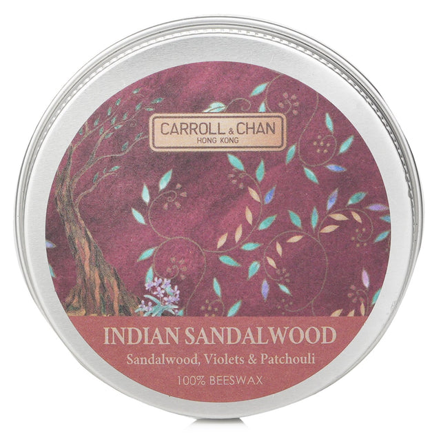 100% beeswax mini tin candle with Indian sandalwood scent, featuring a wooden wick for a clean burn and eco-friendly packaging.
