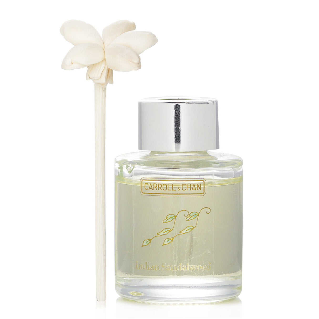 Mini diffuser infused with Indian Sandalwood, violets & patchouli; features natural sola wood flowers and lasts 3 weeks.