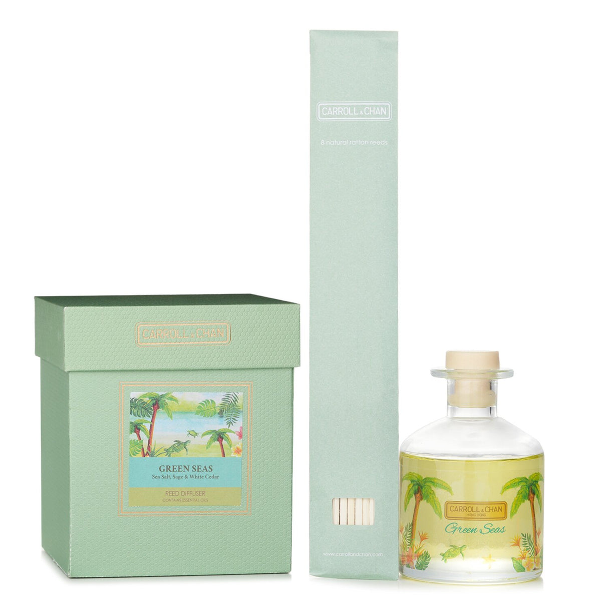 Carroll & Chan Green Seas Reed Diffuser in a sleek bottle, offering a refreshing ocean-inspired aroma for home decor.