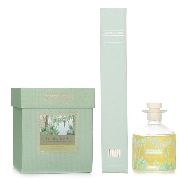 Reed diffuser refill set with sea moss, coastal redwoods, and vetiver for a fresh tropical forest aroma, eco-friendly packaging.