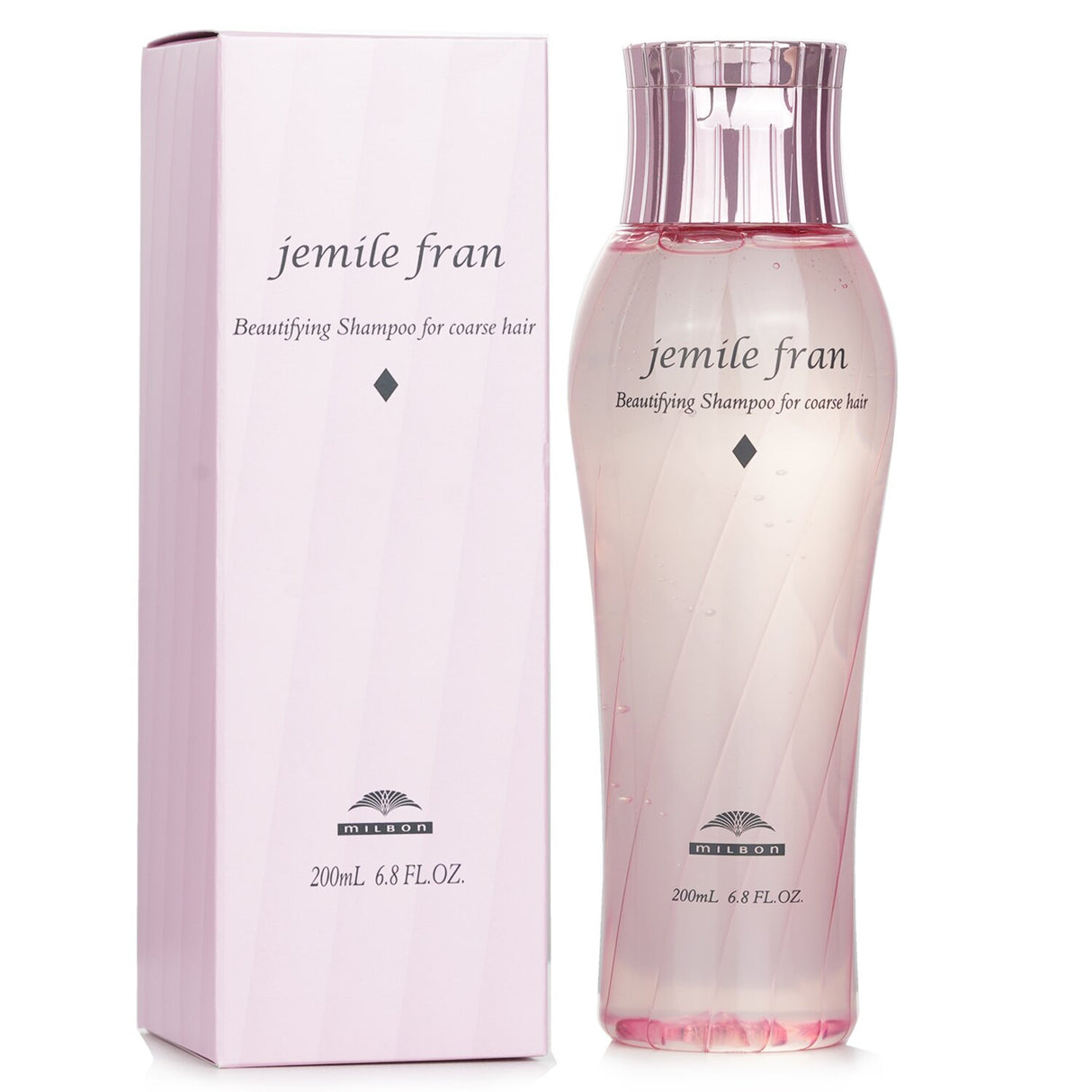 Milbon Jemile Fran Beautifying Shampoo for coarse hair, 200ml, offers nourishing, detangling care with a fruity peony scent.